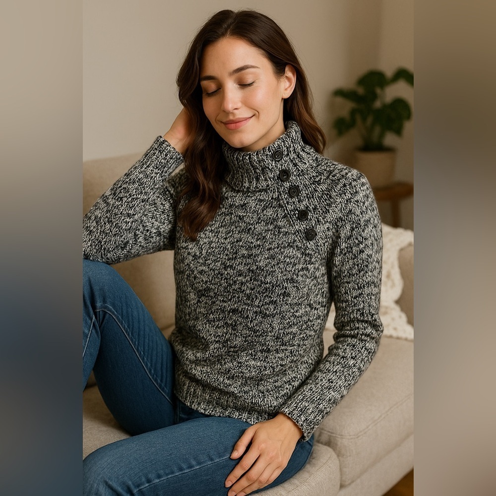 Chaps Marled Knit Button Neck Sweater - Size L